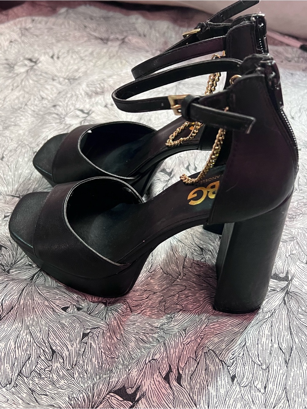 Platform Block Heel Sandals with Ankle Strap - Black